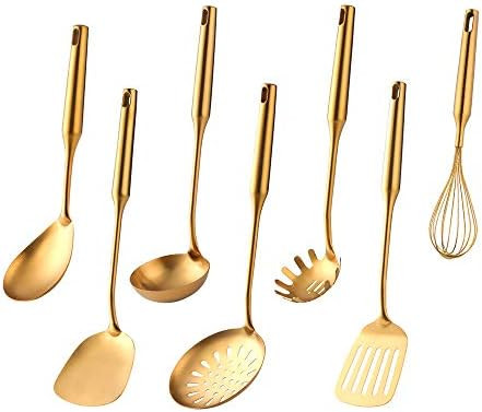 Kitchen Utensil Set -7PCS Gold 18/8(304) Stainless Steel -Wide Spatula,Soup Ladle,Strainer Ladle,Slo | Amazon (US)