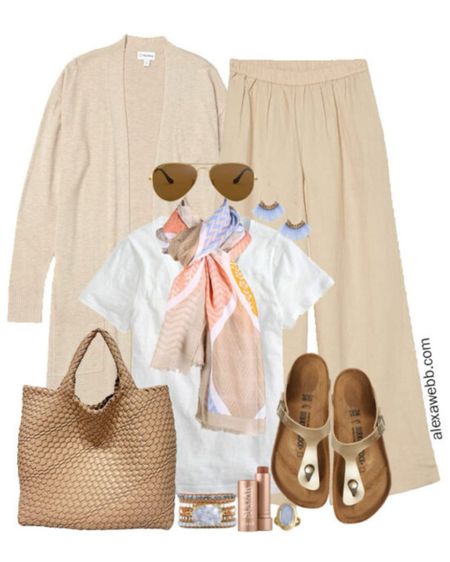 Plus Size Spring Duster Outfits - A plus size outfit for spring with beige linen pants, a beige duster cardigan, t-shirt, scarf, and sandals by Alexa Webb.

#LTKstyletip #LTKSeasonal #LTKplussize