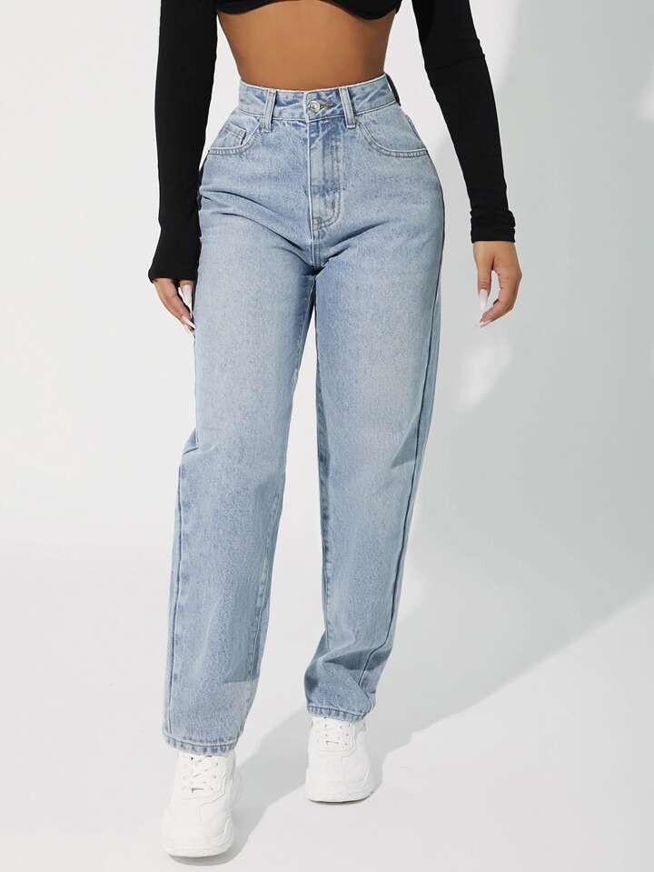 SHEIN PETITE High Waisted Zip Up Mom Fit Jeans | SHEIN USA | SHEIN