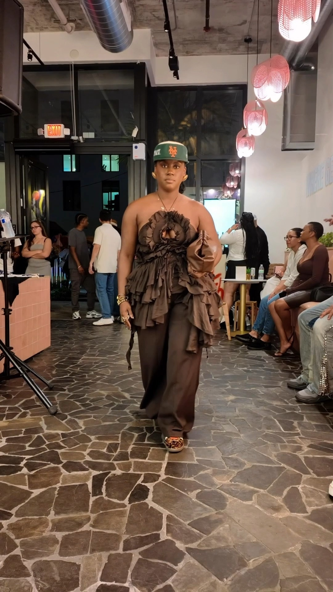 Monochrome outfit with pillbox hat and adidas sambas 