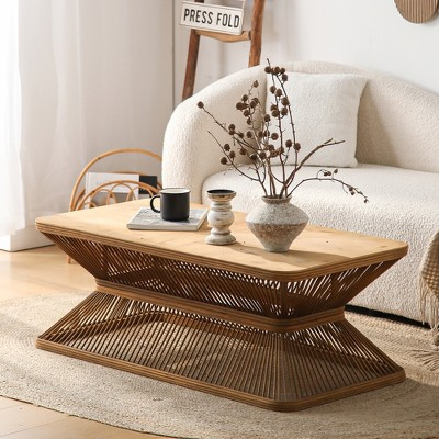 43.3" Wood Mid-Century Modern Rectangular Coffee Table with Woven Bamboo Base, Rustic Boho Accent Table | Target