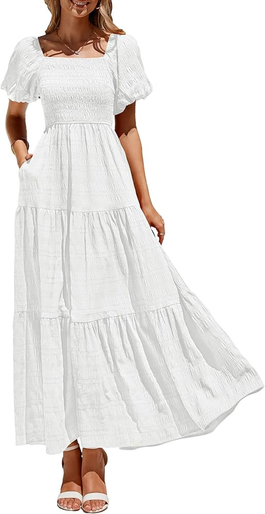 PRETTYGARDEN Womens Summer Puff Short Sleeve Maxi Dress Square Neck Smocked Tiered Ruffle A Line ... | Amazon (US)