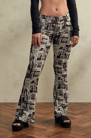 UO Newspaper Print Bengaline Low-Rise Flare Pant | Urban Outfitters (US and RoW)
