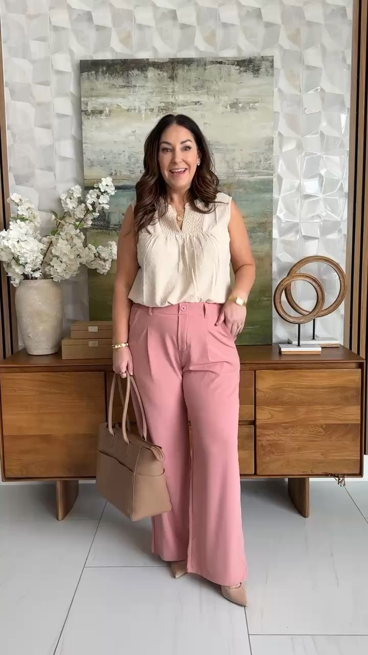These wide leg pants from Amazon are have a great fit and stretch with slight pleating that work great paired with the cream shell with lace detail.  Business casual workwear that is feminine and lightweight enough for summer. 📏 Wearing L in top and Pants, L 28" inseam 

 #LTKOver40 #LTKMidsize #LTKWorkwear