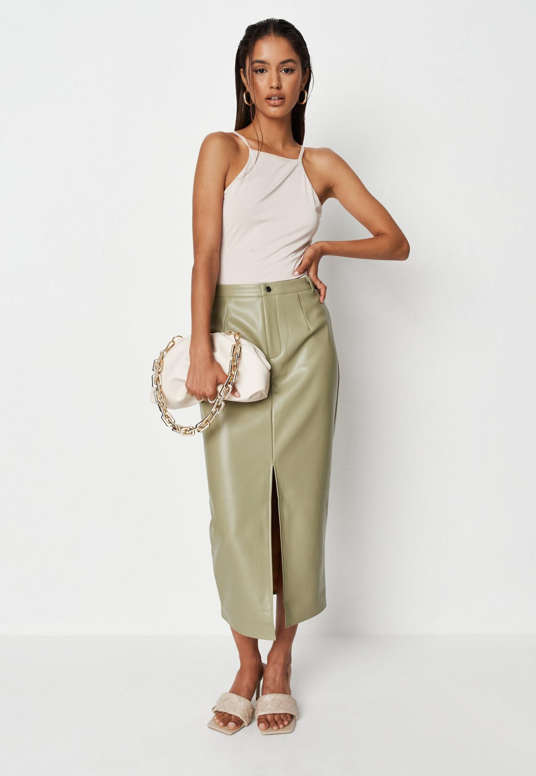 Missguided - Khaki Faux Leather Split Front Skirt | Missguided (US & CA)