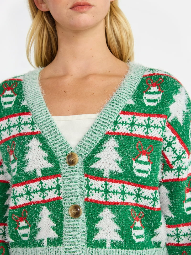 No Boundaries Embroidered Christmas Cardigan, Women's & Women's Plus | Walmart (US)