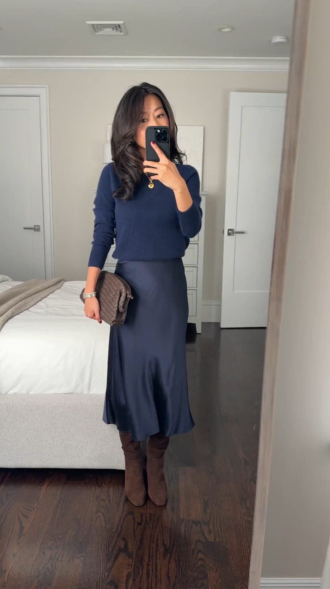 Elegant cashmere + silk combo for work: navy with chocolate

• $50 Mongolian Cashmere Crewneck sweater in navy xs 

• Quince 100% Silk Slip Skirt in navy xs -worn with shaper shorts under and you can tuck the sweater into the shorts for a smoother lookk

xs measures 12.5” across the waist (elastic) and 28-29” in length. 

• old Steve Madden boots , linked similar 

Winter workwear neutral navy outfits 

#LTKPetite #LTKSeasonal #LTKWorkwear