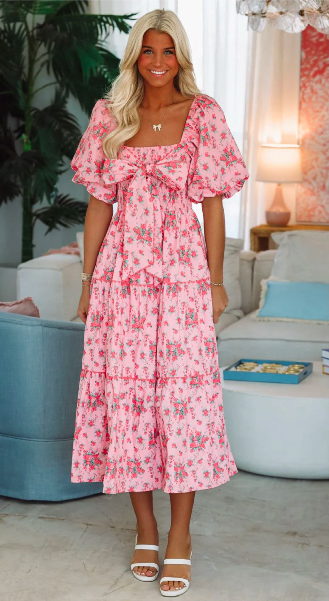 WOMEN’S PINK FLORAL BOW MAXI DRESS | Valentine’s Day date night approved. I’m loving the bow detail on this dress! The maxi length, smocked top, and puff sleeves make this an extremely flattering silhouette! 

#LTKStyleTip #LTKMidsize #LTKFindsUnder100