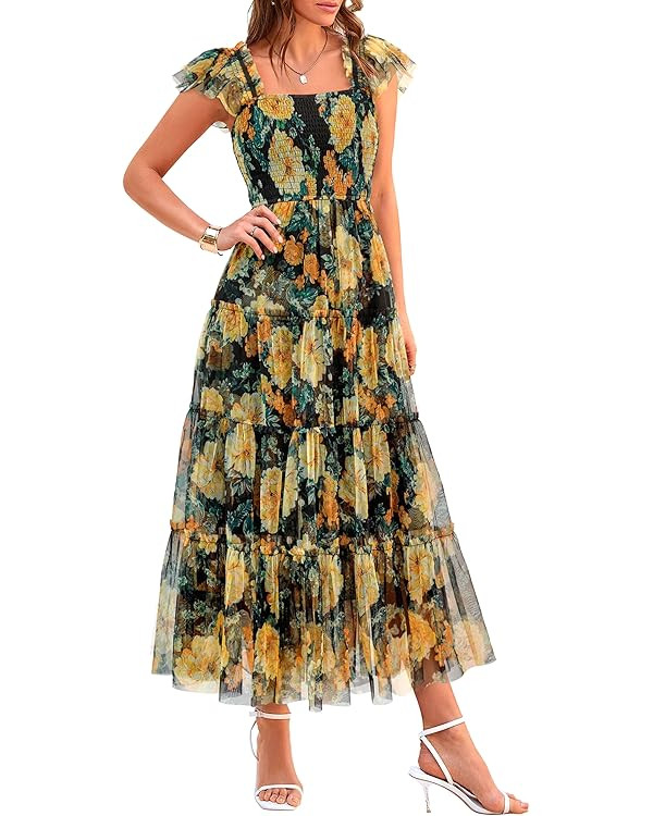 PRETTYGARDEN Women's Summer Tulle Midi Dress Sleeveless Smocked Ruffle Mesh Flowy Dresses Party W... | Amazon (US)