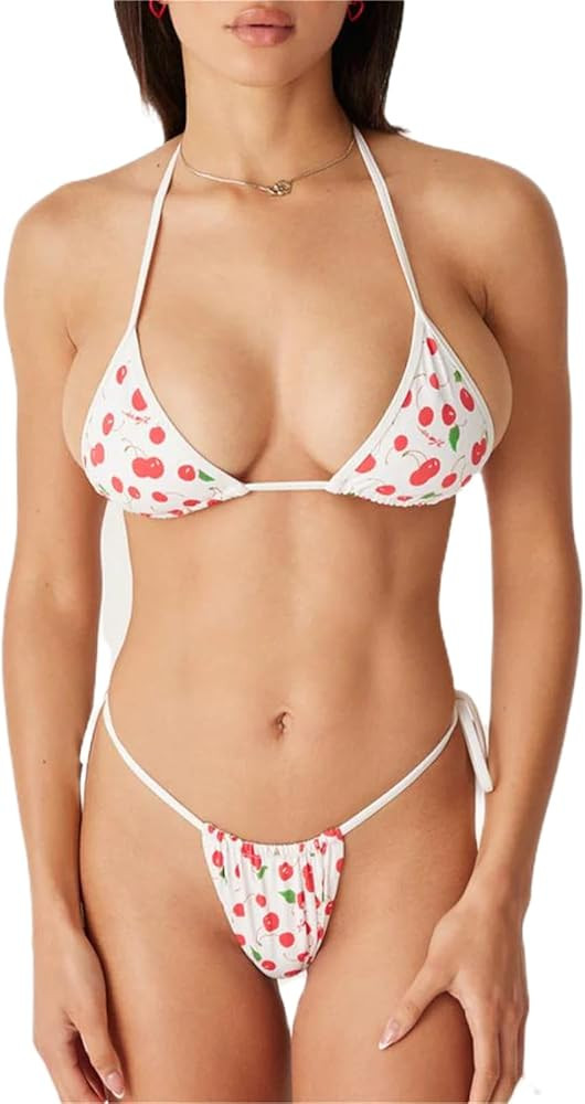 Women Two Piece String Bikini Set Floral Print Halter Side Tie Triangle Thong Swimsuits Bathing S... | Amazon (US)