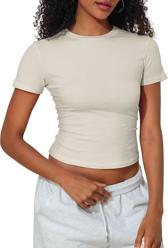 PrettyGuide Women's Cotton Crop Tops Short Sleeve Crewneck Basic Tee Tight Fit Y2K Baby Tee Cute ... | Amazon (US)