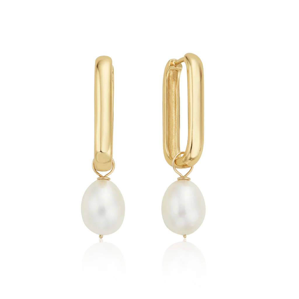 Gold Large Plain Pearl Drop Hoop Earrings | Lily & Roo