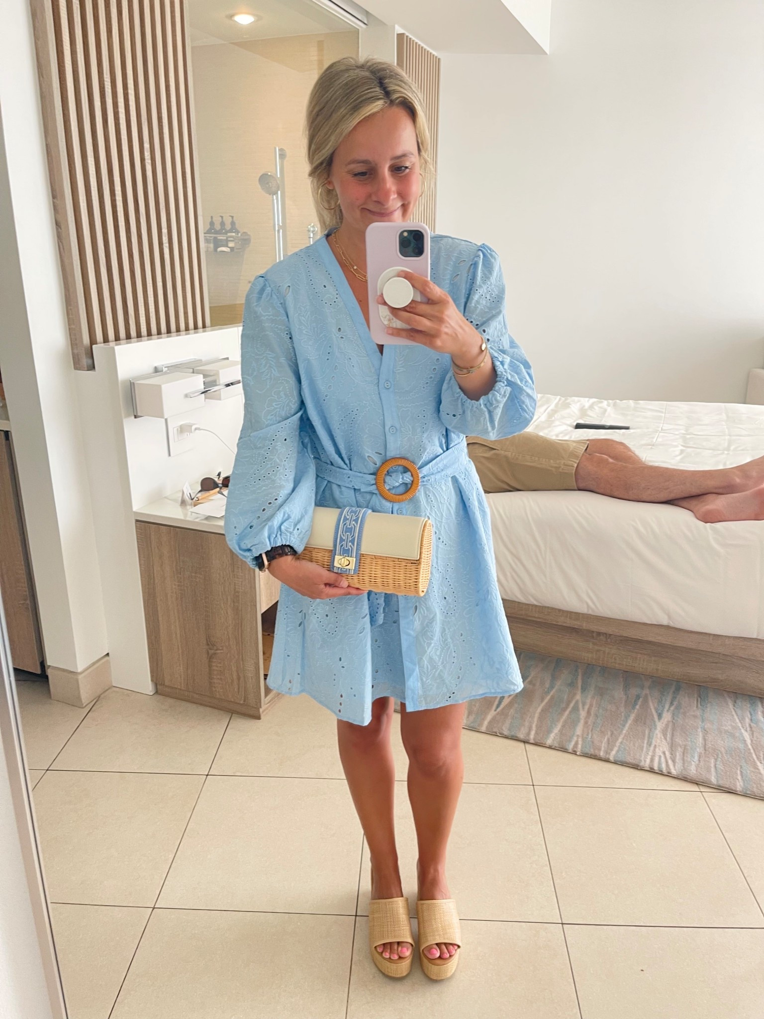 I looove this Amazon blue eyelet dress!! The exact one I ordered is sold out but I linked a super similar (if not exact) one!! Bag & platforms are sold out but also linked 🤍