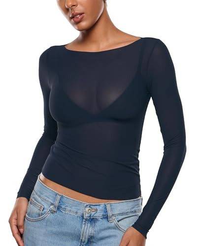 INLYRIC Women's Cosnufy Mesh Sheer Long Sleeve Tops See Through Boat Neck Going Out Tops Trendy S... | Amazon (US)