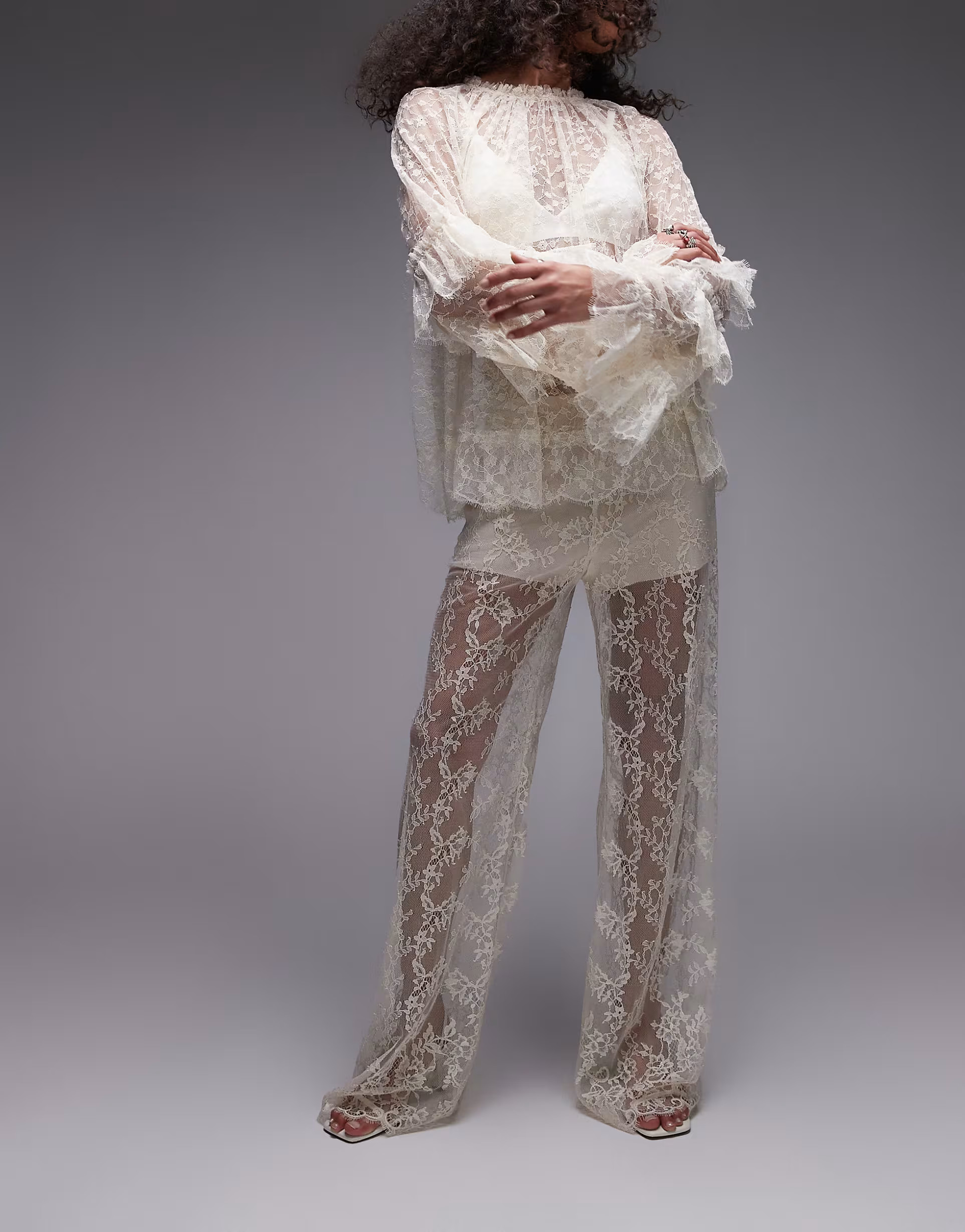 & Other Stories sheer lace pants with scalloped hem and fitted micro shorts in off white | ASOS (Global)