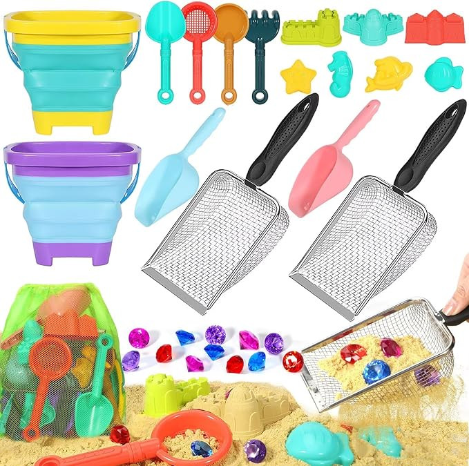 Beach Sand Toys for Kids,Sand toys with 2 Collapsible Beach Bucket,2 Beach Sifter Shovel,Sand Sho... | Amazon (US)