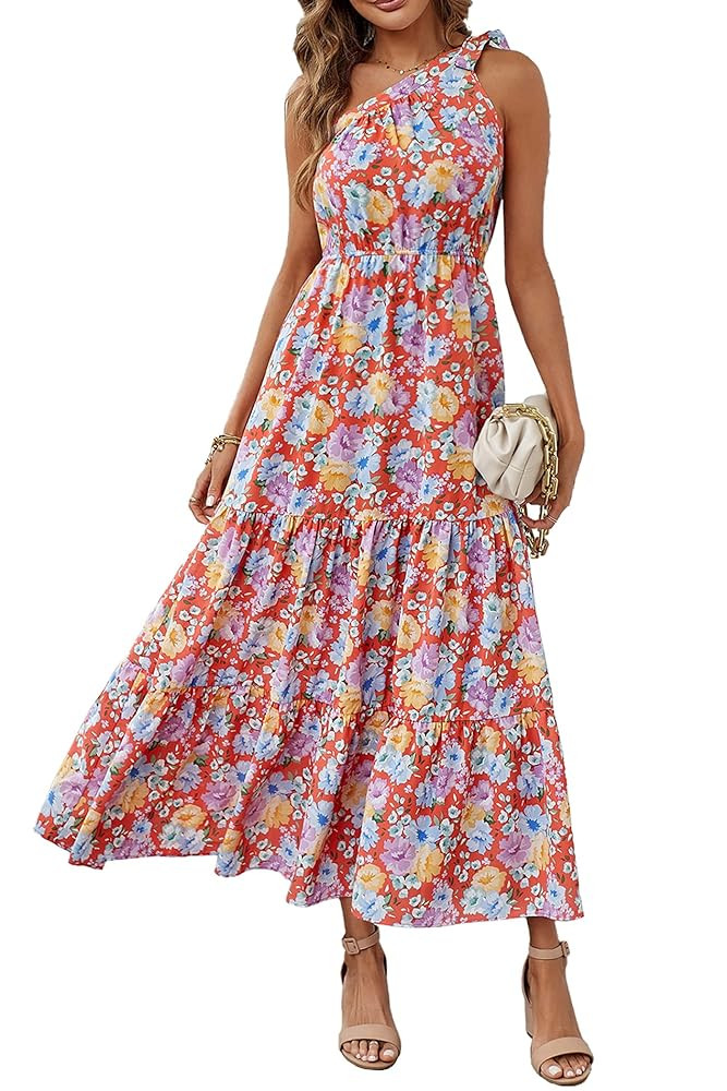 PRETTYGARDEN Women's Summer Floral One Shoulder Maxi Dress Knot Ruffle Boho Beach Vacation Weddin... | Amazon (US)