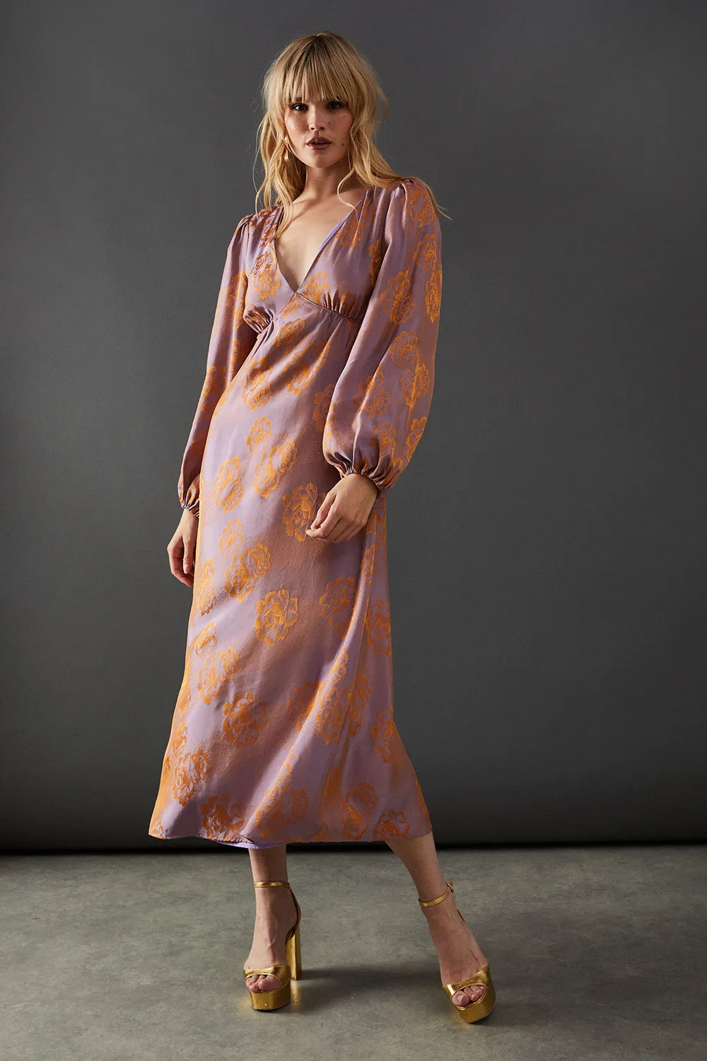 Dresses | Satin Rose Jacquard Plunge Neck Midi Dress | Warehouse | Warehouse UK & IE