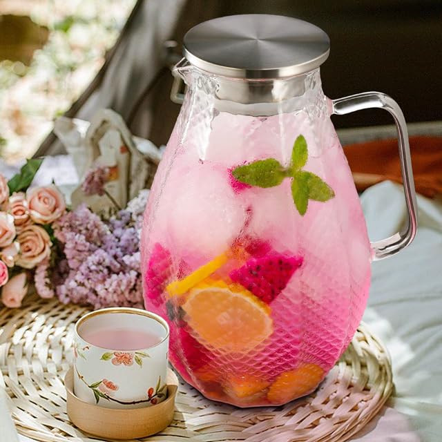 Hiware 64 Ounces Glass Pitcher with Stainless Steel Lid / Water Carafe with Handle - Good Beverag... | Amazon (US)