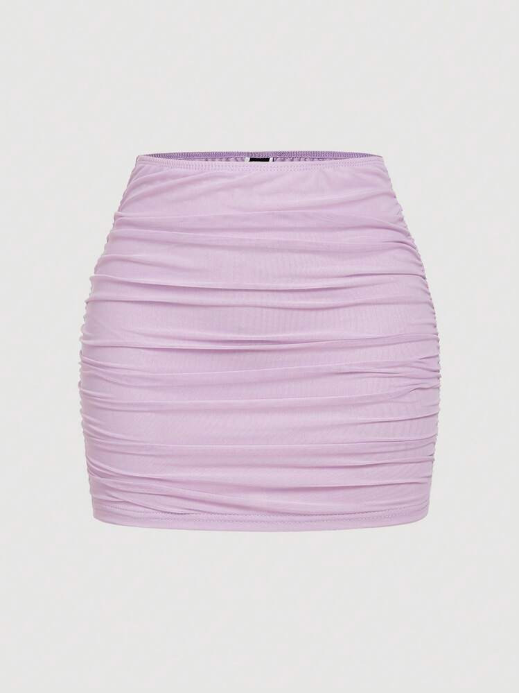 SHEIN MOD Solid Color Double Layer Ruched Bodycon Mini Skirt | SHEIN