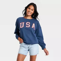 Women's Americana Pullover Sweatshirt - Universal Thread\u2122 Navy Blue Letters L | Target
