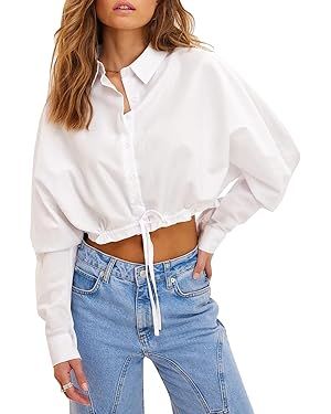 Cicy Bell Women's Cropped Button Down Shirts Casual Long Sleeve Crop Tops Drawstring Hem Blouse | Amazon (US)