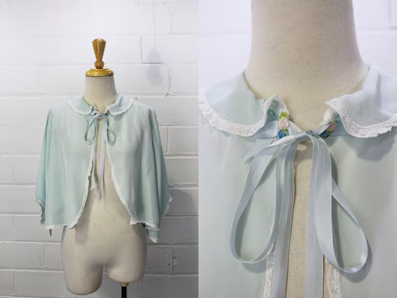 1960s Baby Blue Bed Jacket, Medium, Rosettes, Peter Pan Collar, Flared Sleeves | Etsy (US)