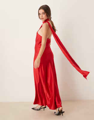 Gina Tricot satin drape detail one shoulder scarf neck maxi dress in red  | ASOS | ASOS (Global)