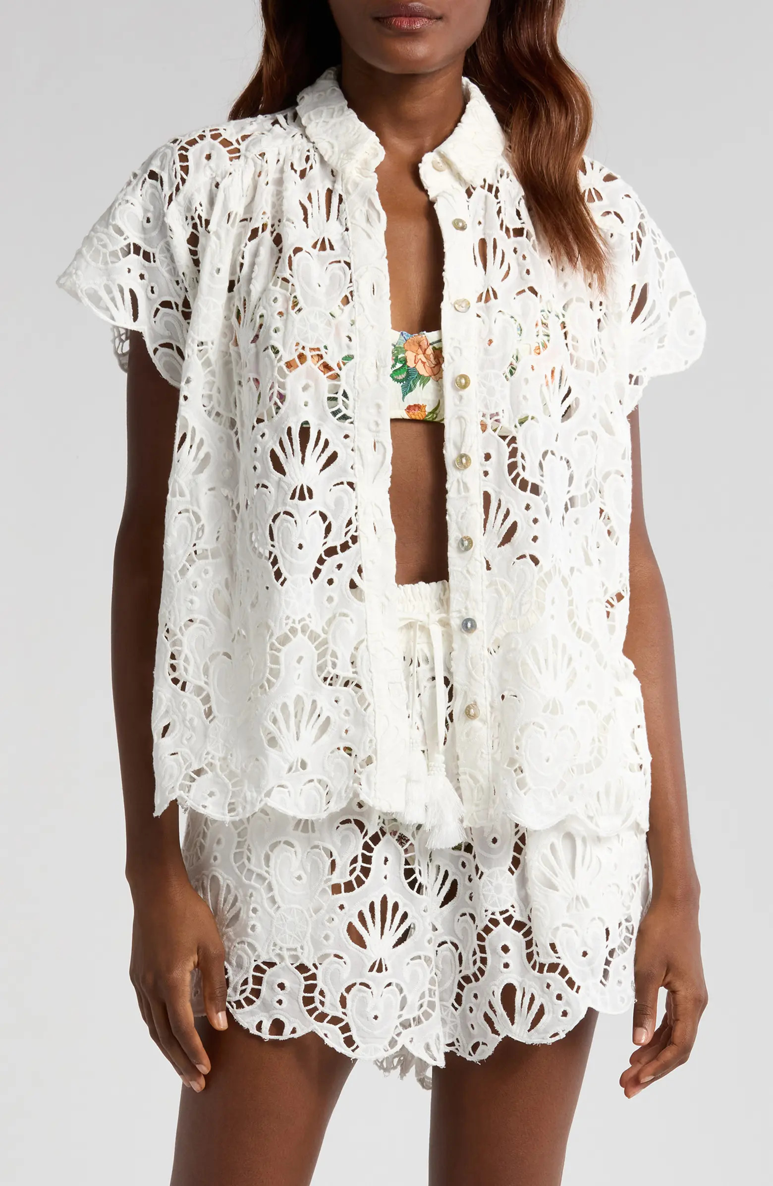 FARM Rio Seashell Embroidered Eyelet Cotton Button-Up Shirt | Nordstrom | Nordstrom