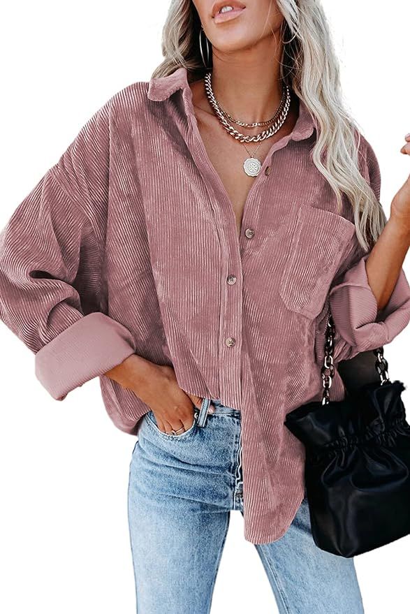 Womens Flannel Shacket Boyfriends Corduroy Button Down Plaid Shirts Fall Clothing Tops S-3XL | Amazon (US)