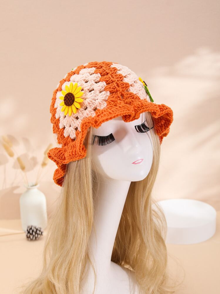 1pc Women's Handmade Crochet Sunflower Decor Colorblock Bucket Hat, Casual Wear, Beach Fishing | SHEIN
