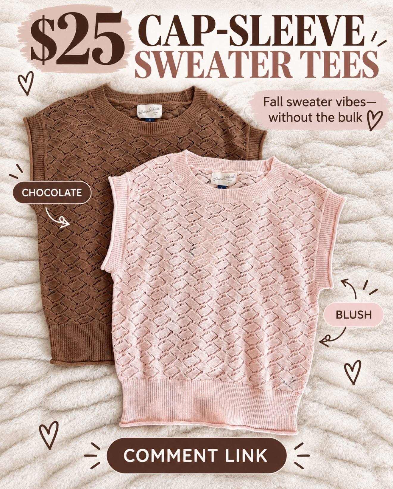The cutest $25 cap-sleeve sweater tees 🤎 All the fall sweater vibes without the bulk—and the chocolate and blush colors are SO pretty! Comment LINK and I’ll send them over 🫶🏻

#LTKOver40 #LTKootd #LTKmomlife