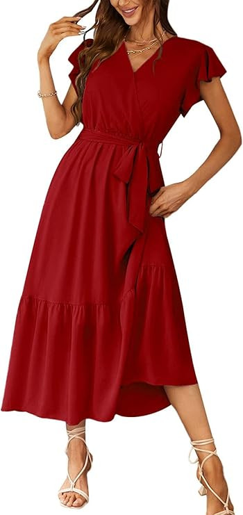 PRETTYGARDEN Women's 2024 Floral Boho Dress Wrap V Neck Short Sleeve Belted Ruffle Hem A-Line Flo... | Amazon (US)