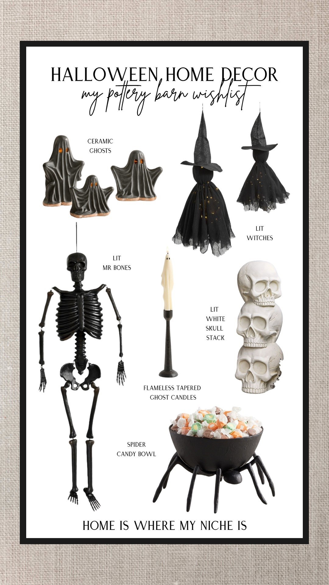 B O O / my Halloween home decor wishlist from Pottery Barn

+ ceramic ghosts
+ lit witches
+ lit white skull stack
+ flameless tapered ghost candle 
+ spider candy bowl
+ lit black Mr bones

Chic Halloween Decor

#LTKcanada #LTKcasa #LTKsale