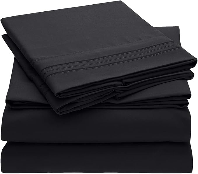 Mellanni Bed Sheet Set - 1800 Bedding - Wrinkle, Fade, Stain Resistant - 4 Piece (King, Black) | Amazon (US)