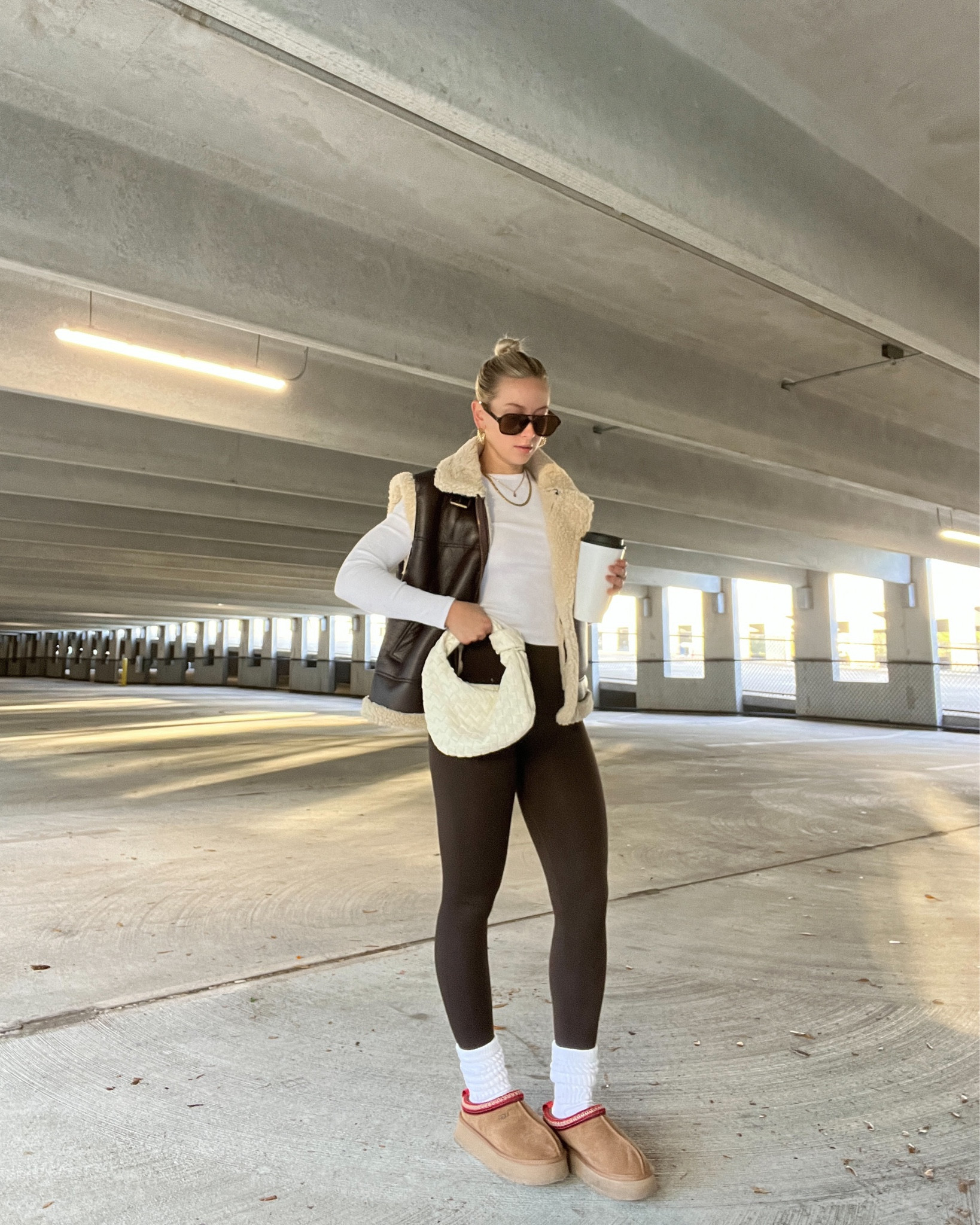 Brown leather vest, leather vest, sherpa lined vest, slouch socks, slouchy socks, bottega Jodie, everyday long sleeve basic tee, everyday basics, winter outfits, winter style inspo, winter fashion