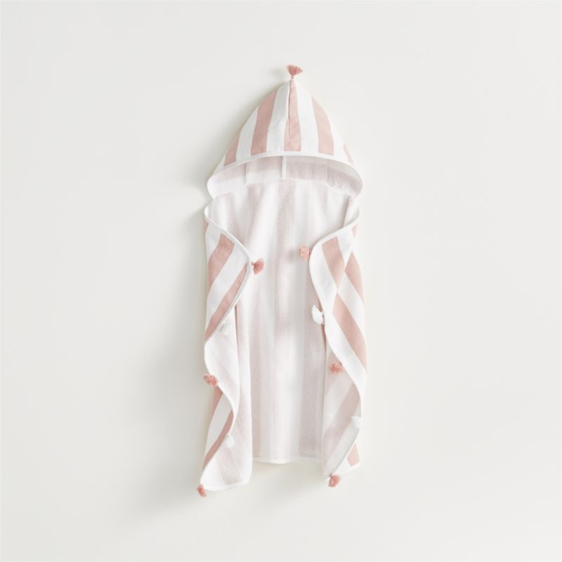 Pink Striped Organic Hooded Personalized Baby Towel with Tassels + Reviews | Crate & Kids | Crate & Barrel