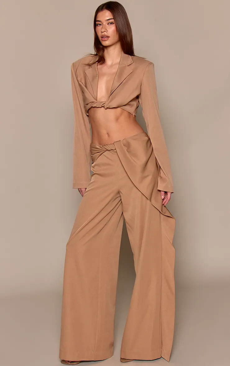 Mocha PrettyLittleThing Twist Detail Trousers Co-ord | Boohoo USA | boohoo (US & Canada)