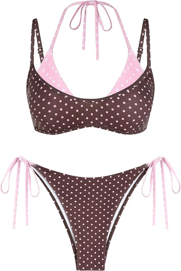 ZAFUL Women's Polka Dot Bikini Set Double Layer Halter Swimsuit Colorblock Side Tie 2 Piece Bathi... | Amazon (US)