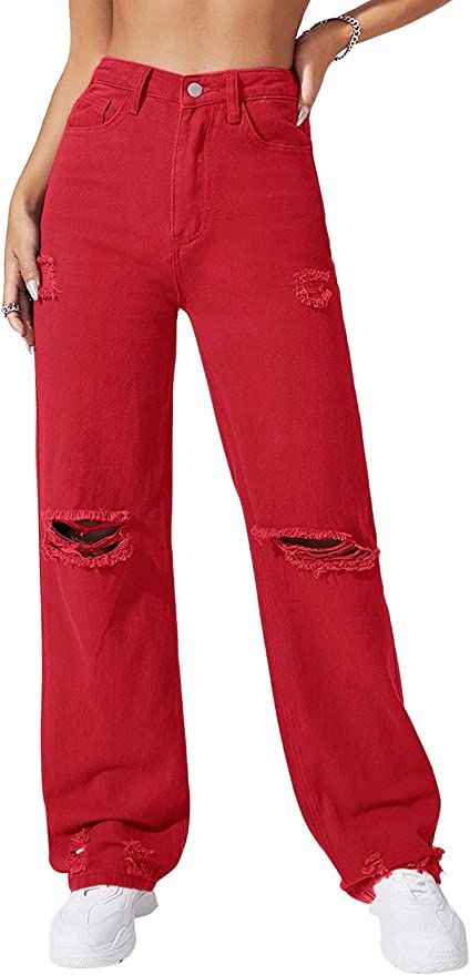 SweatyRocks Women's Casual Loose Ripped Denim Pants Distressed Wide Leg Jeans | Amazon (US)