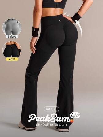 31" Peakbum-Lift FeatherFit™-Sculpt Butt-Lifting Tummy Control Flare Leggings With Side Pockets... | Glowmode