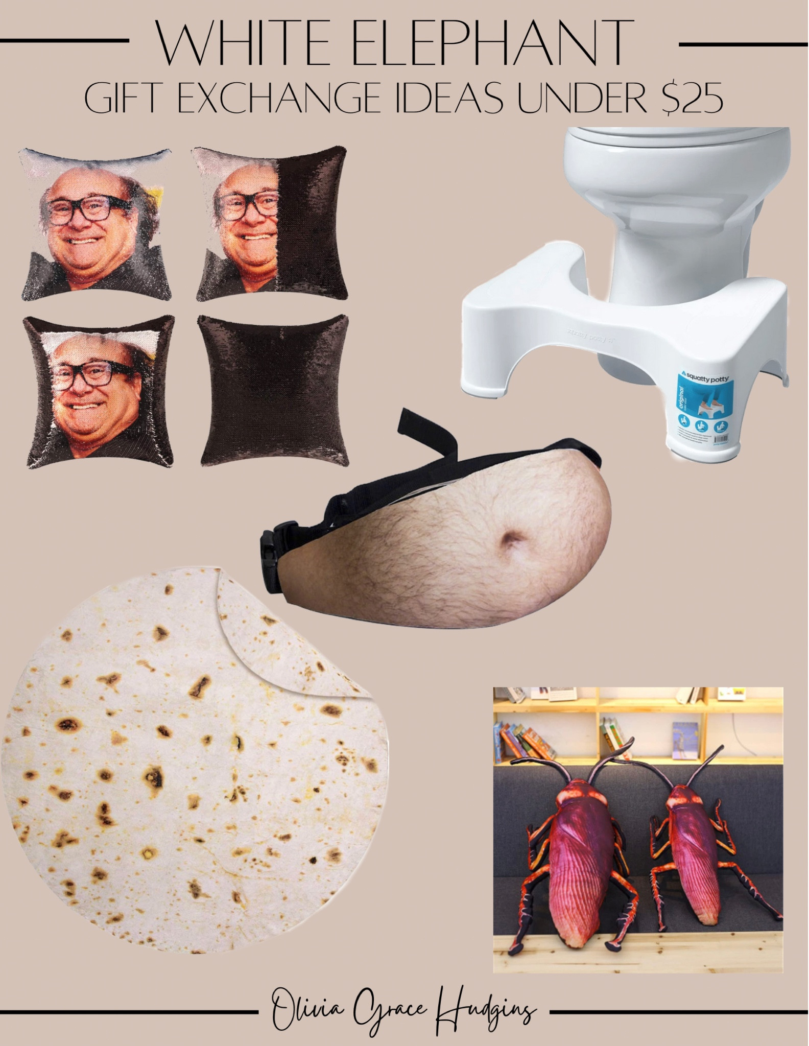 White elephant gift exchange ideas under $25! Funny gift ideas! Squatty potty , stomach Fanny pack , cockroach pillows , Danny Devito pillows , tortilla blanket

#LTKGiftGuide #LTKfamily #LTKHoliday