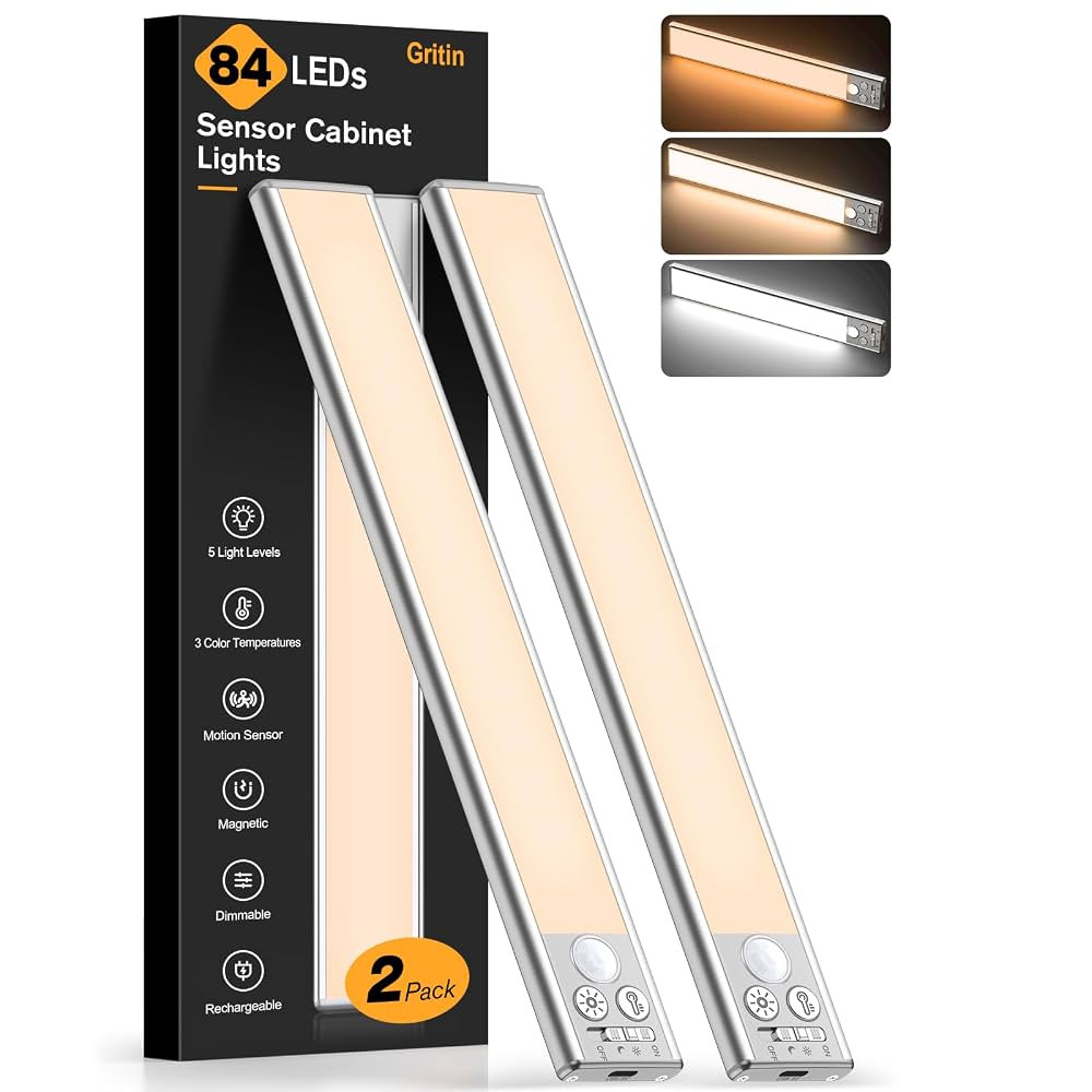 Gritin 10.2inch Under Cabinet Lighting Rechargeable -84 LED Super Bright,3-Color& 5 Level Brightn... | Amazon (US)