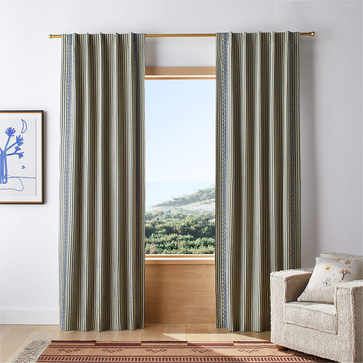 Charles Street Shade Green Embroidered Yarn-Dyed Blackout Window Curtain Panel 44"x96" by Jeremia... | Crate & Barrel