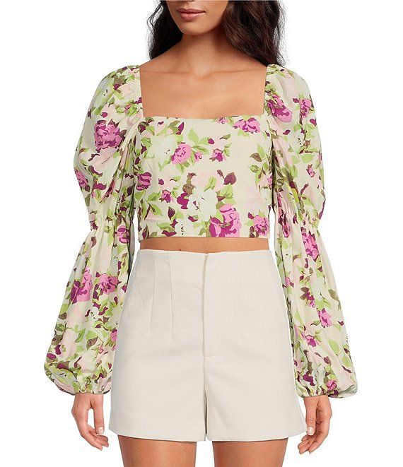 Cassidy Bright Floral Summer Print Square Neck Long Balloon Draped Sleeve Smocked Crop Top | Dillard's