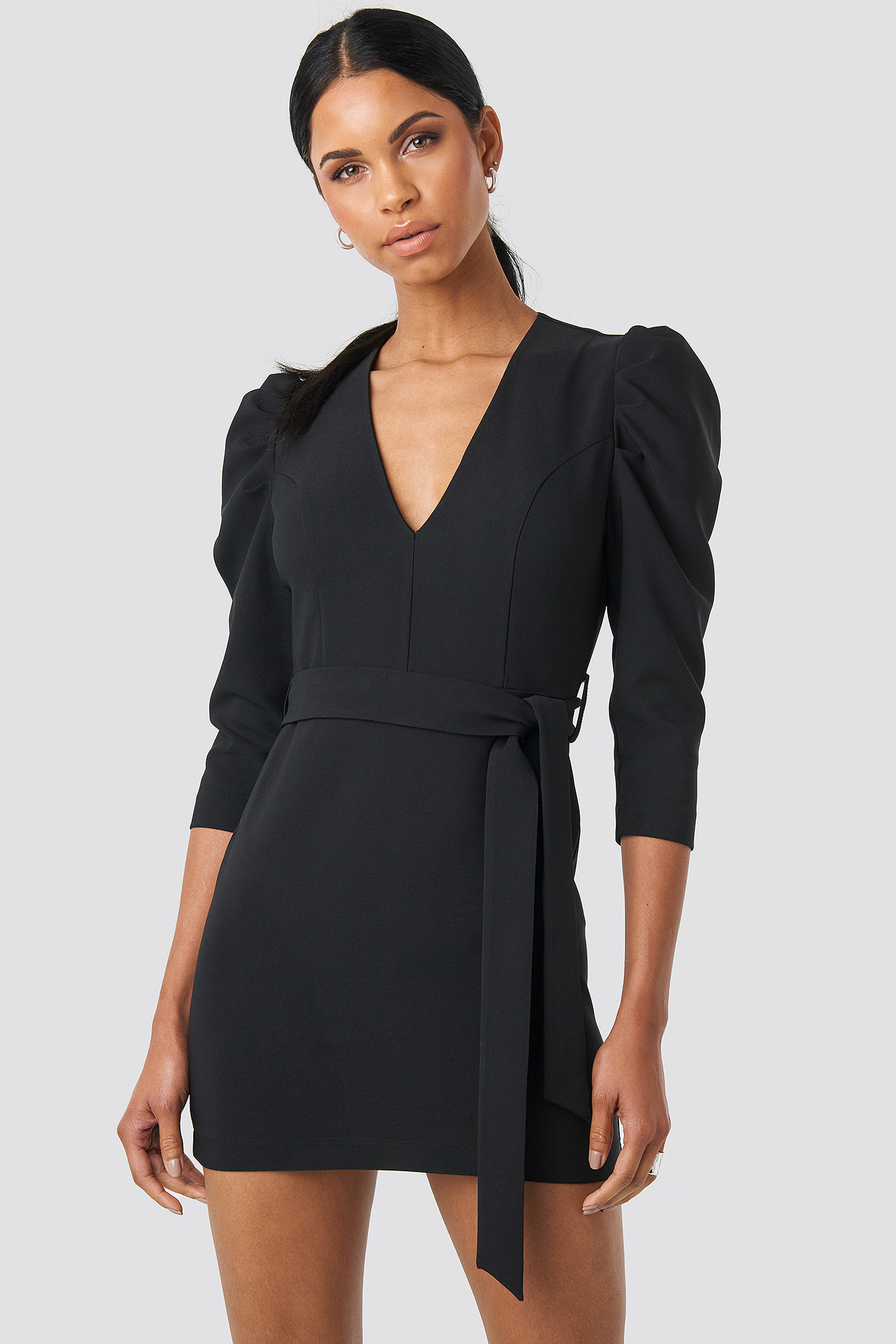 Belted Puffy Sleeve Dress Noir | NA-KD FR
