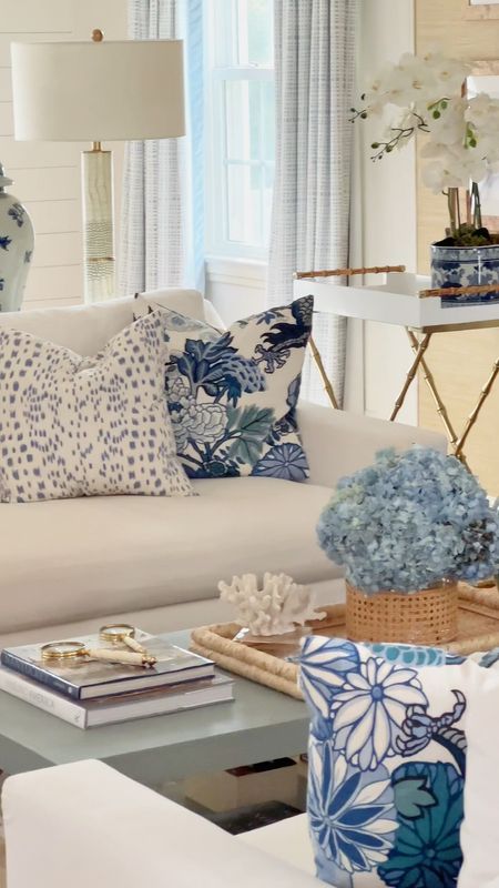 Blue & white decor details from our living room. Custom made-to-order pillows in designer fabrics, cane vase, sea grass and wicker tray, bamboo butlers tray, blue and white jars and planters, faux orchid, pottery barn deep seated sofas, peel and stick grasscloth, Nantucket book, sailing book, Serena and Lily coffee tablee

#LTKVideo #LTKhome