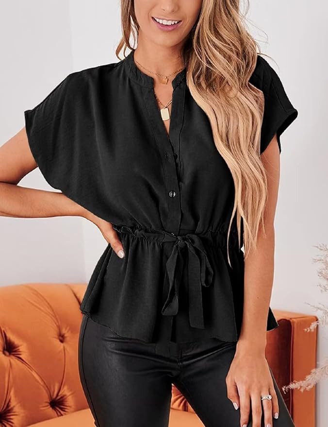 Womens Button Down Blouses Casual Peplum Summer Tops Dressy Chiffon Work Blouse | Amazon (US)