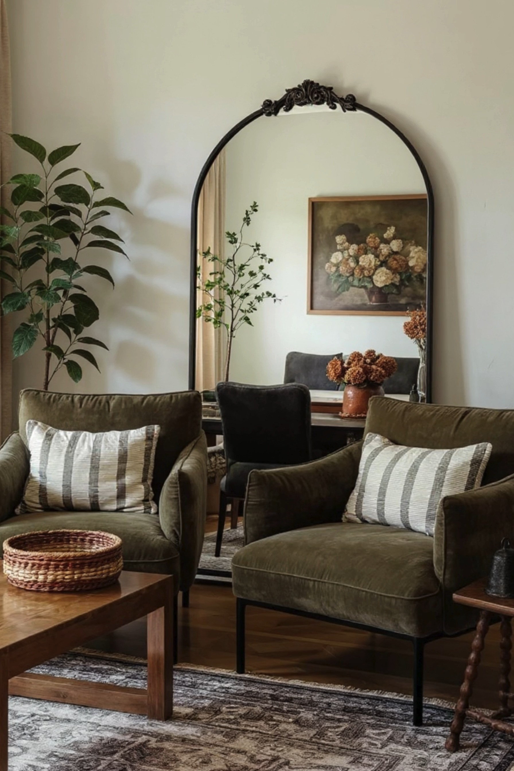 This living room is styled with rich, earthy tones and an organic modern aesthetic, featuring olive green velvet accent chairs, a sculptural arched mirror, and layered neutral textiles for a cozy yet elevated feel. Vintage-inspired artwork, soft greenery, and warm wood accents create a timeless, moody interior that feels both inviting and refined—perfect inspiration for a transitional or European cottage–inspired home with classic, collected charm. 🖤 If you want to see more content like this, FOLLOW maeveandmodern on LTK, Instagram, and Pinterest! Check out our blog where we post daily, maeveandmodern.com! organic modern living room | moody neutral decor | olive green accent chairs | arched mirror decor | cozy living room styling | vintage inspired home | neutral home styling | warm wood furniture | layered textiles | timeless interior design

#LTKHome#LTKSaleAlert#LTKFindsUnder100#LTKSeasonal#LTKHome#LTKSaleAlert
 

 