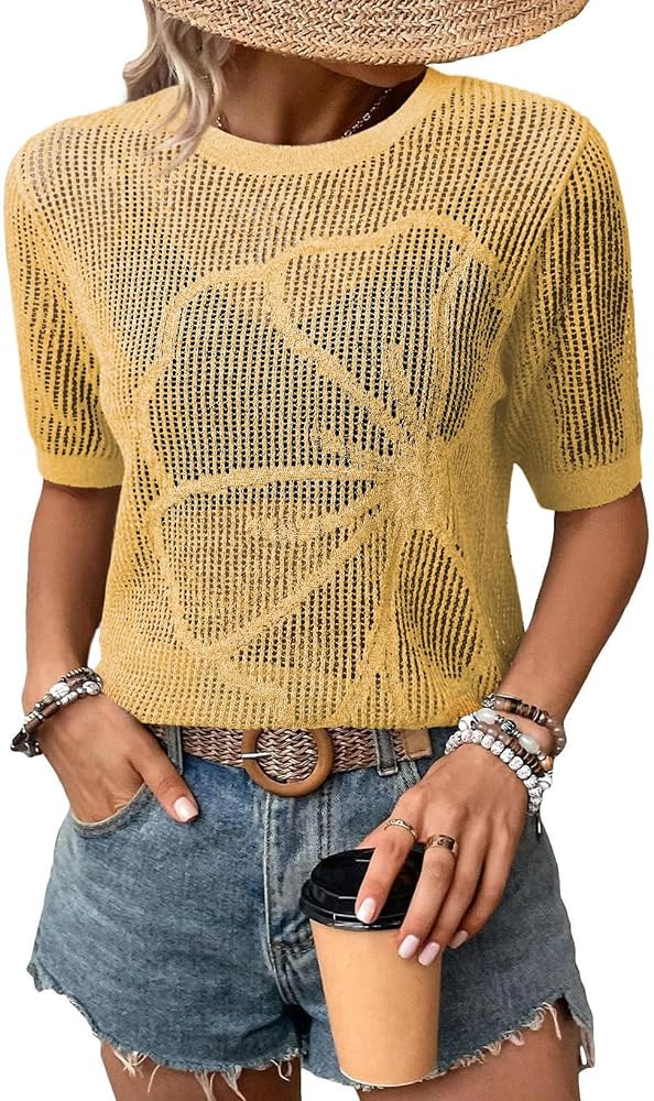 Dokotoo Womens Summer Short Sleeve Crochet Tops Hollow Out Floral Sweaters Beach Vacation Cruise ... | Amazon (US)